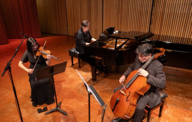 Trío de violín, piano y violonchelo en el escenario
